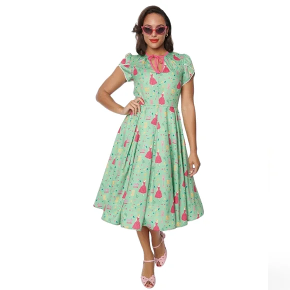 Unique Vintage 1940s Retro Sewing Print Dahlia Swing Dress - Picture 7 of 8
